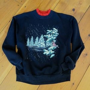Vintage 80s Winter Woodland Cardinal, Chickadee Nature Scene Black Sweatshirt LG